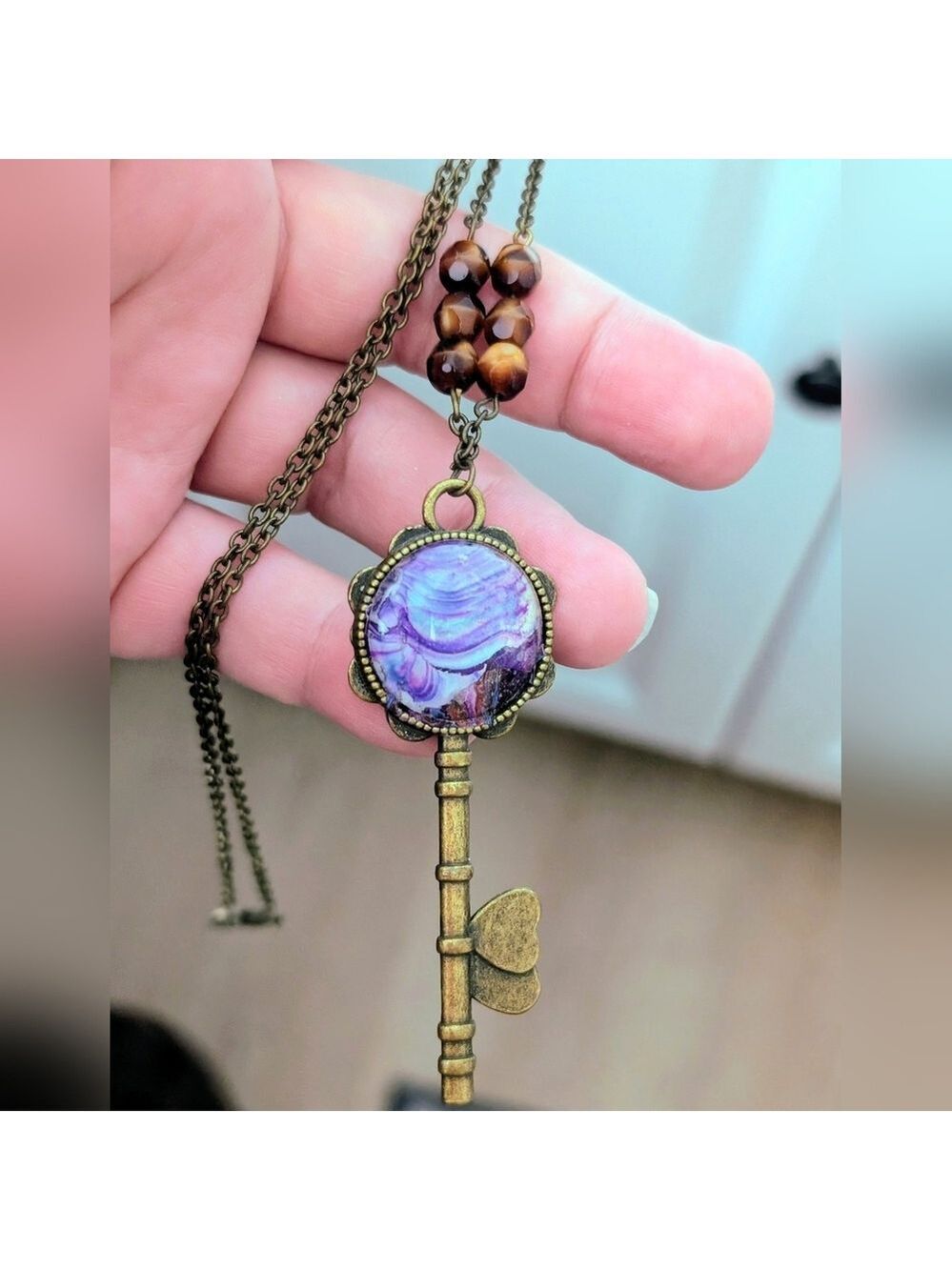 Handmade purple fluid art key pendant